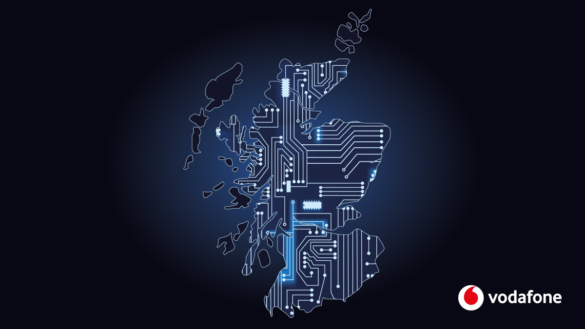 Image featuring geographic outline of Scotland overlaid with a stylised circuit board