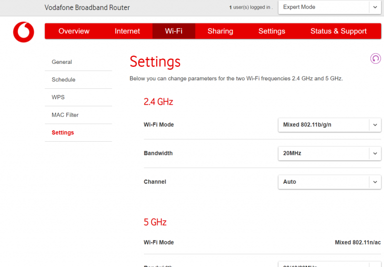 A screenshot illustrating how to change WiFi channels in the web management interface for the latest Vodafone routers