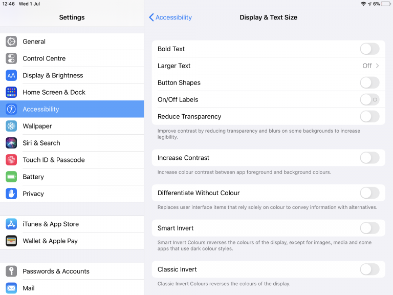 screenshot of some Accessibility features in iPadOS