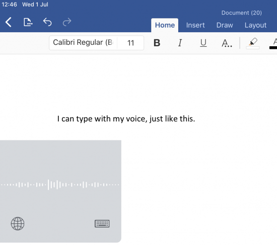 screenshot of voice dictation in Microsoft Word on an iPad