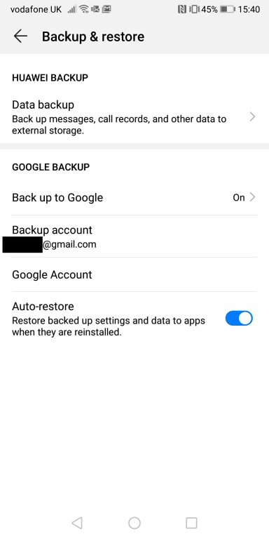 screenshot of the Backup settings screen from a Huawei smartphone