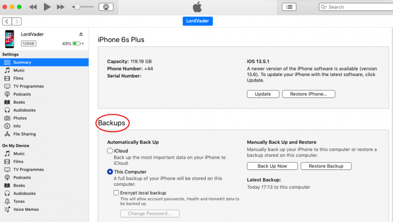 screenshot of backing up an iPhone through iTunes