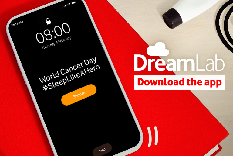 image of smartphone promoting World Cancer Day with the #SleepLikeAHero hashtag