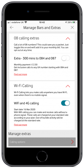image illustrating the WiFi Calling option in the My Vodafone app on an iPhone