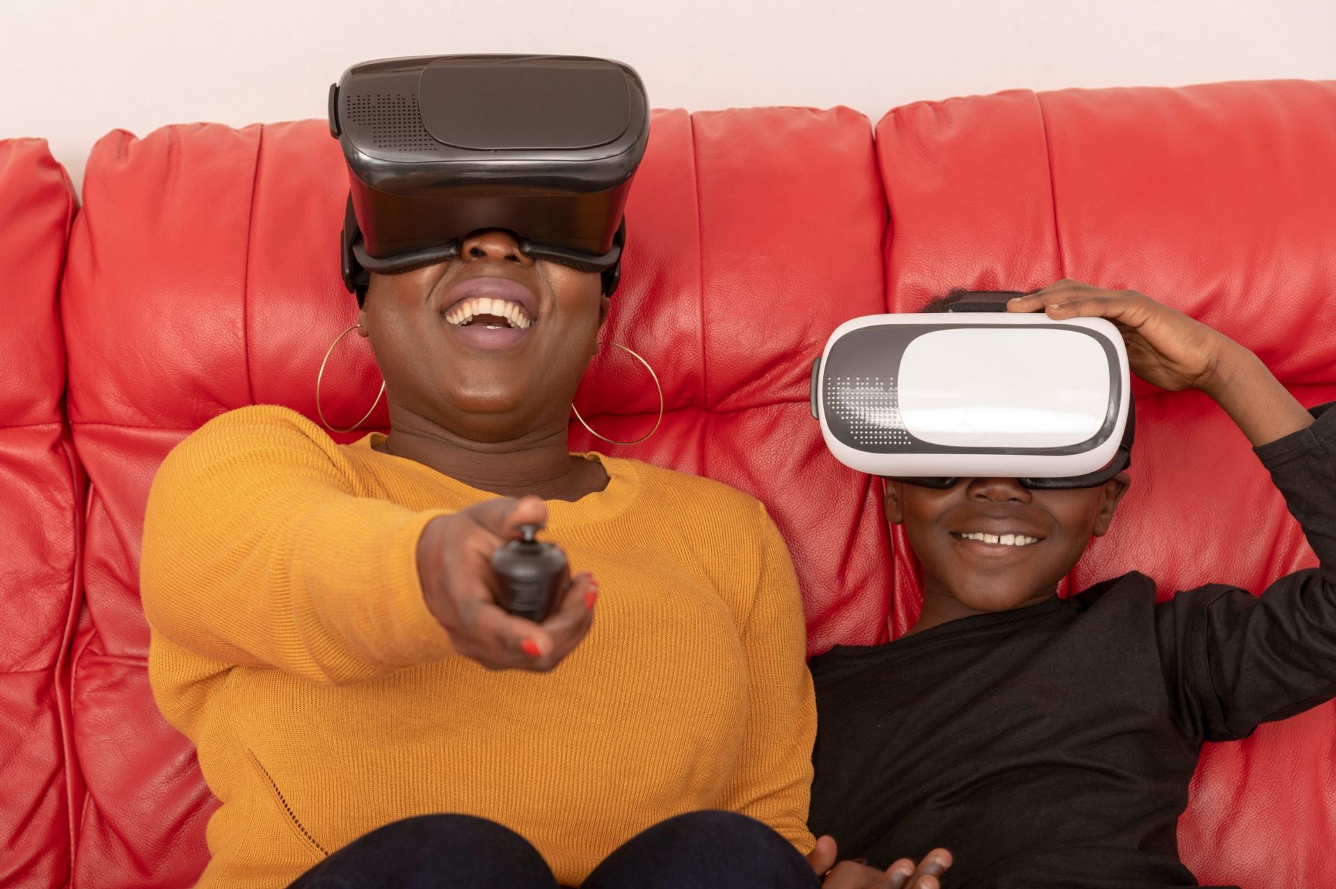 Mum and son playing VR video game