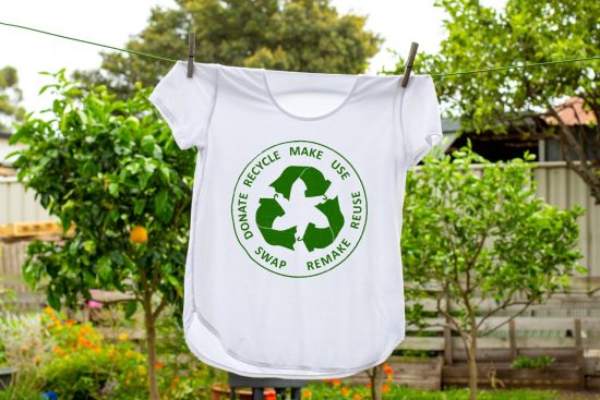 Circular Economy principles on T-Shirt hanging on washing line