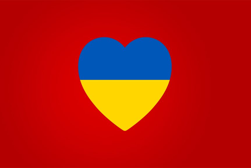 Ukraine flag colours in heart shape on Vodafone red background