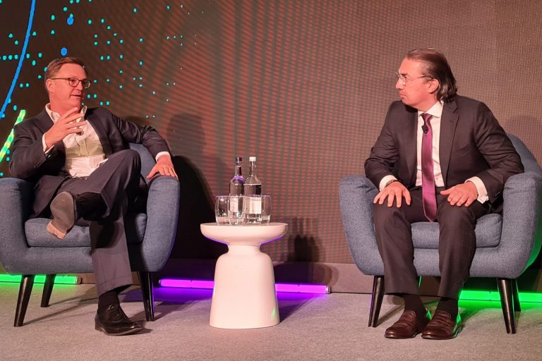 Ahmed Essam (right), Vodafone's UK CEO, in conversastion with Alex Evans from Barclays Investment Banking, at the Enders Analysis 'Media, Telecoms & Beyond' conference on 12 May 2022