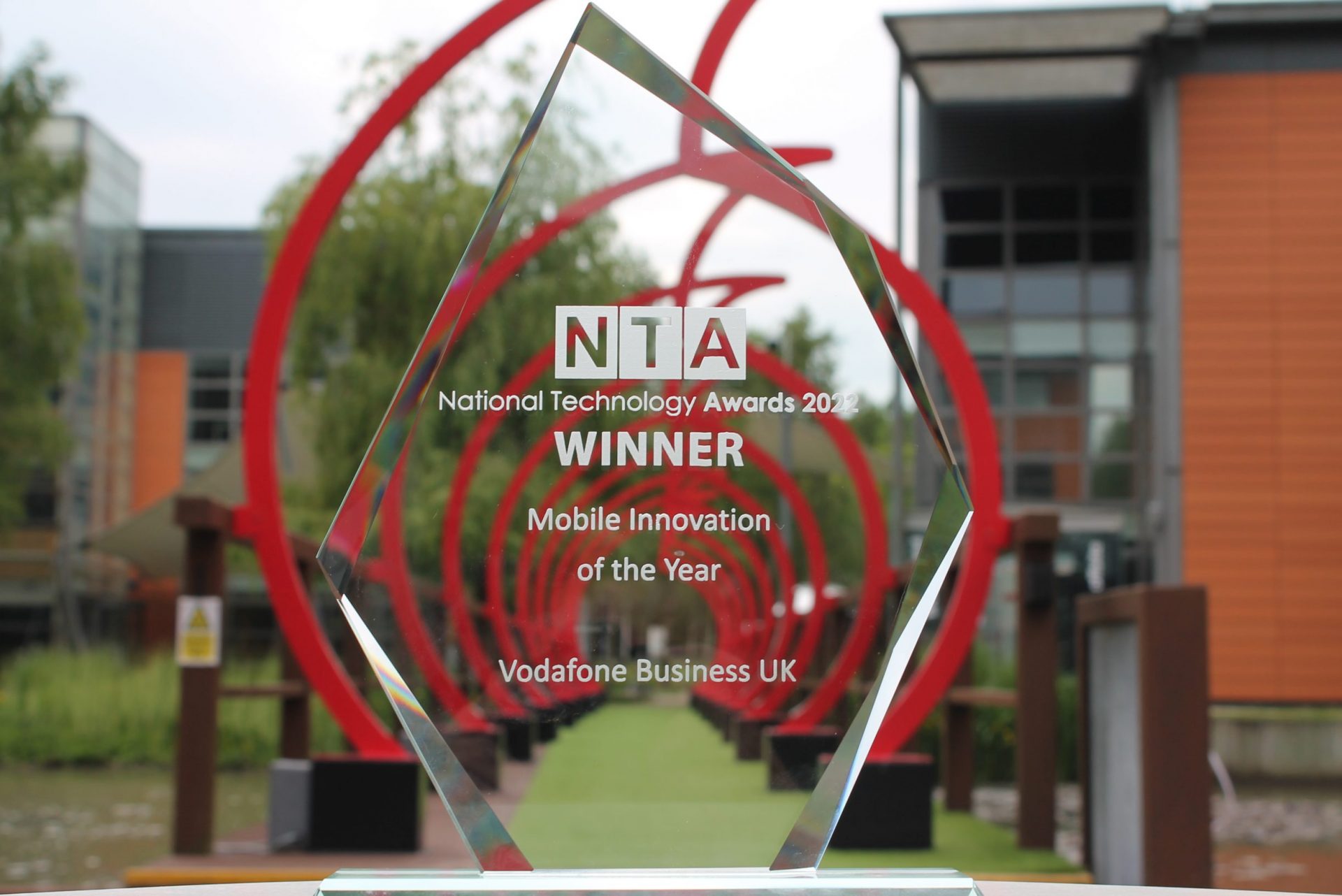 Vodafone Business UK's National Technology Awards 'Mobile Innovation of the Year' trophy at Vodafonne's Newbury Campus